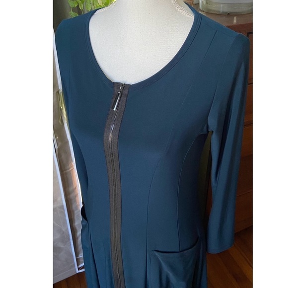 Sun Kim Comfy USA Blue Stretch Jersey Dress Size XS Zip Front Lantern Balloon - Picture 3 of 15